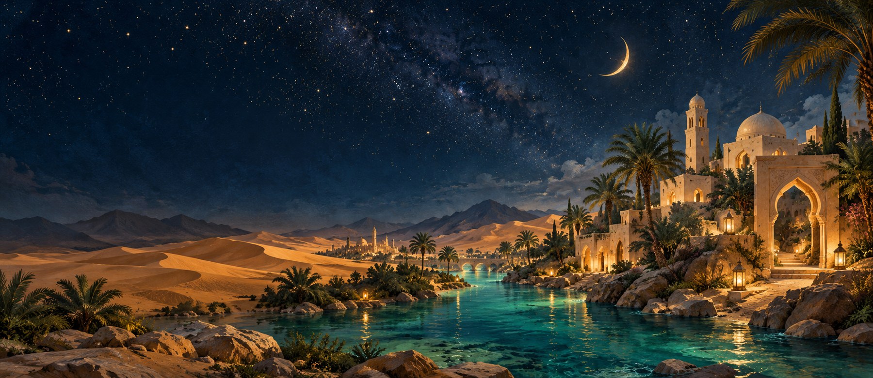 An imagined desert oasis beneath stars, original illustrative artwork